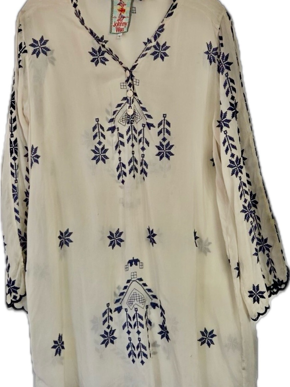 Embroidered Tunic/Dress Creamy-White with Navy Floral Detail